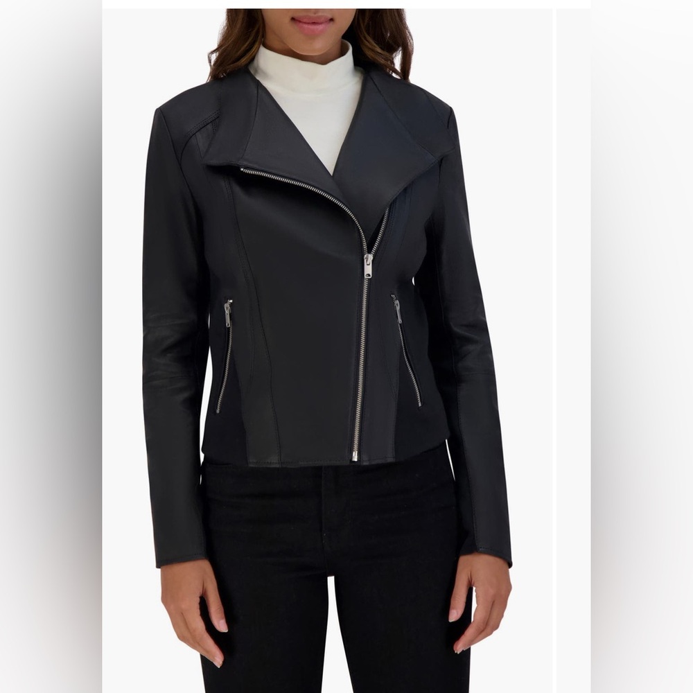 Women's Leather Moto Jacket with Knit Panels - Like NEW!